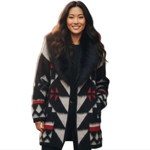 Maxsport Long Cardigan Sweater Faux Fur Black Red White Southwest Gothic